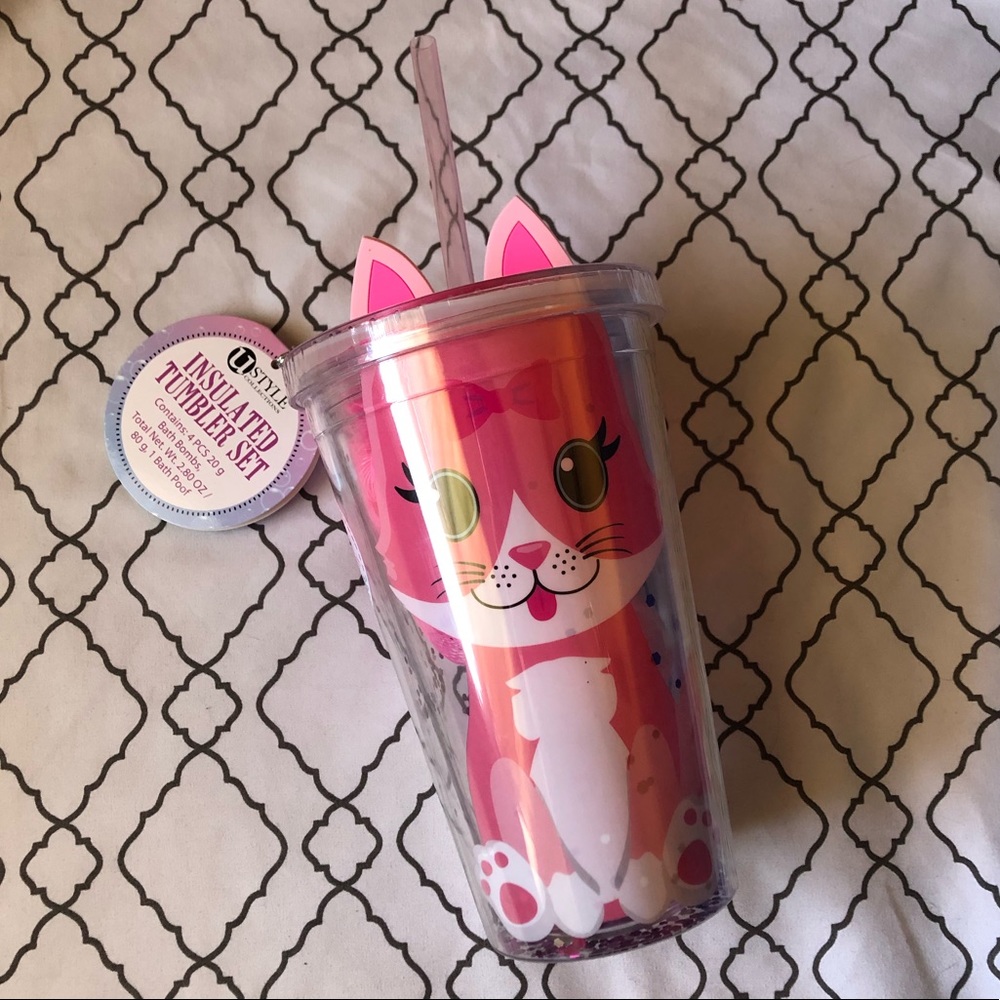 Pink Glitter Cat Tumbler Cup Set